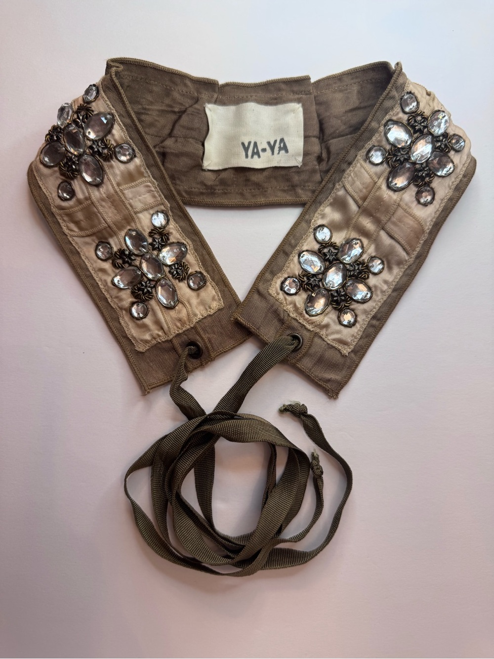 YA-YA Silk Embellished Olive, Gold and Brown Tie Waist Belt